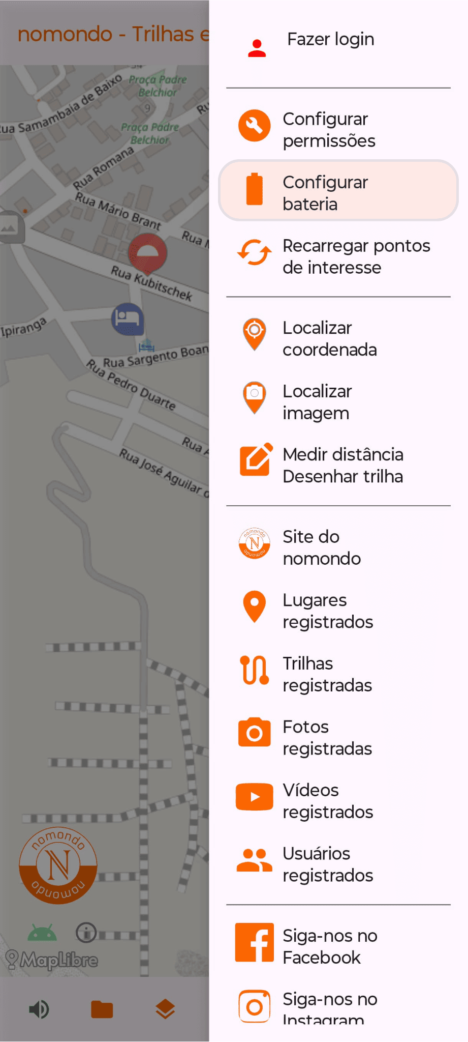Configurar bateria no aplicativo Android do nomondo
