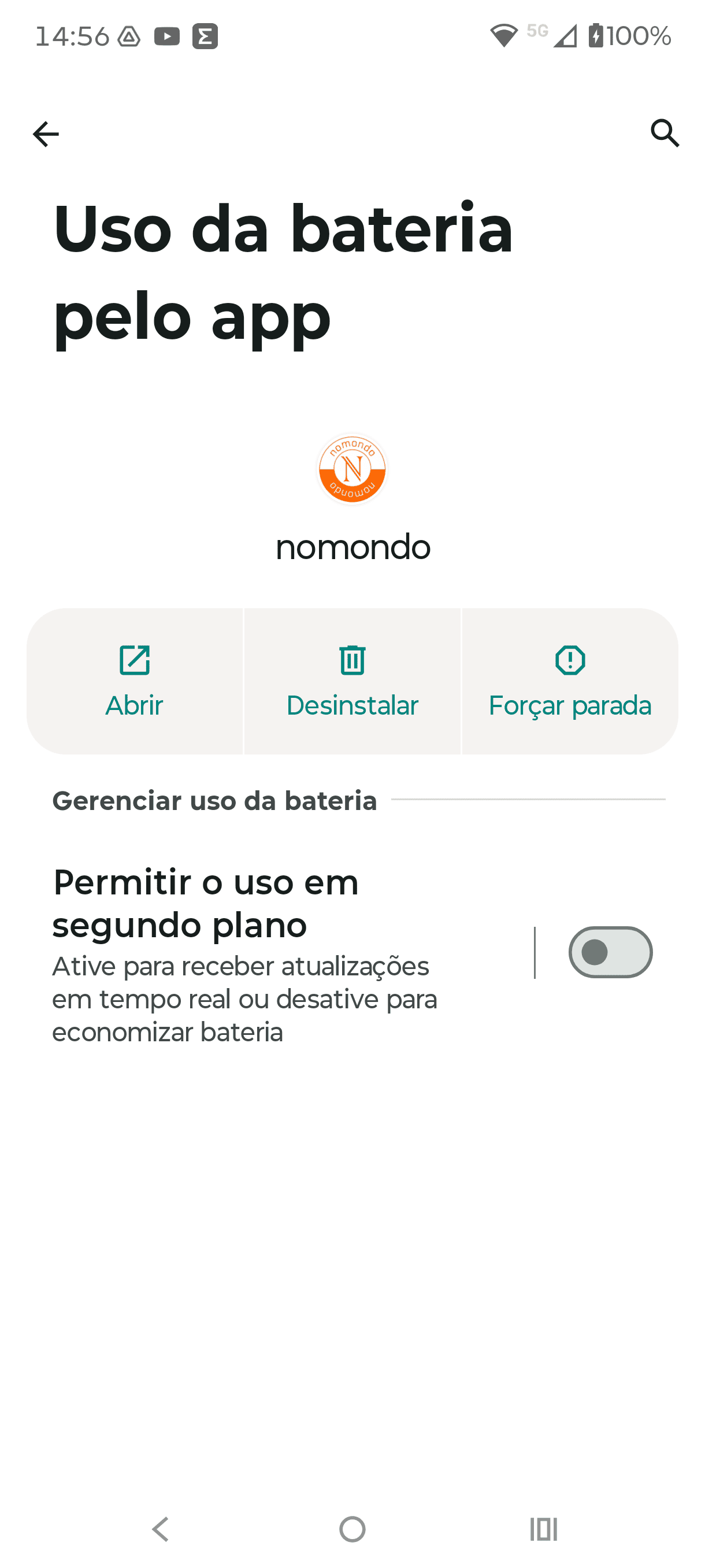 Ignorar otimização de bateria no aplicativo Android do nomondo