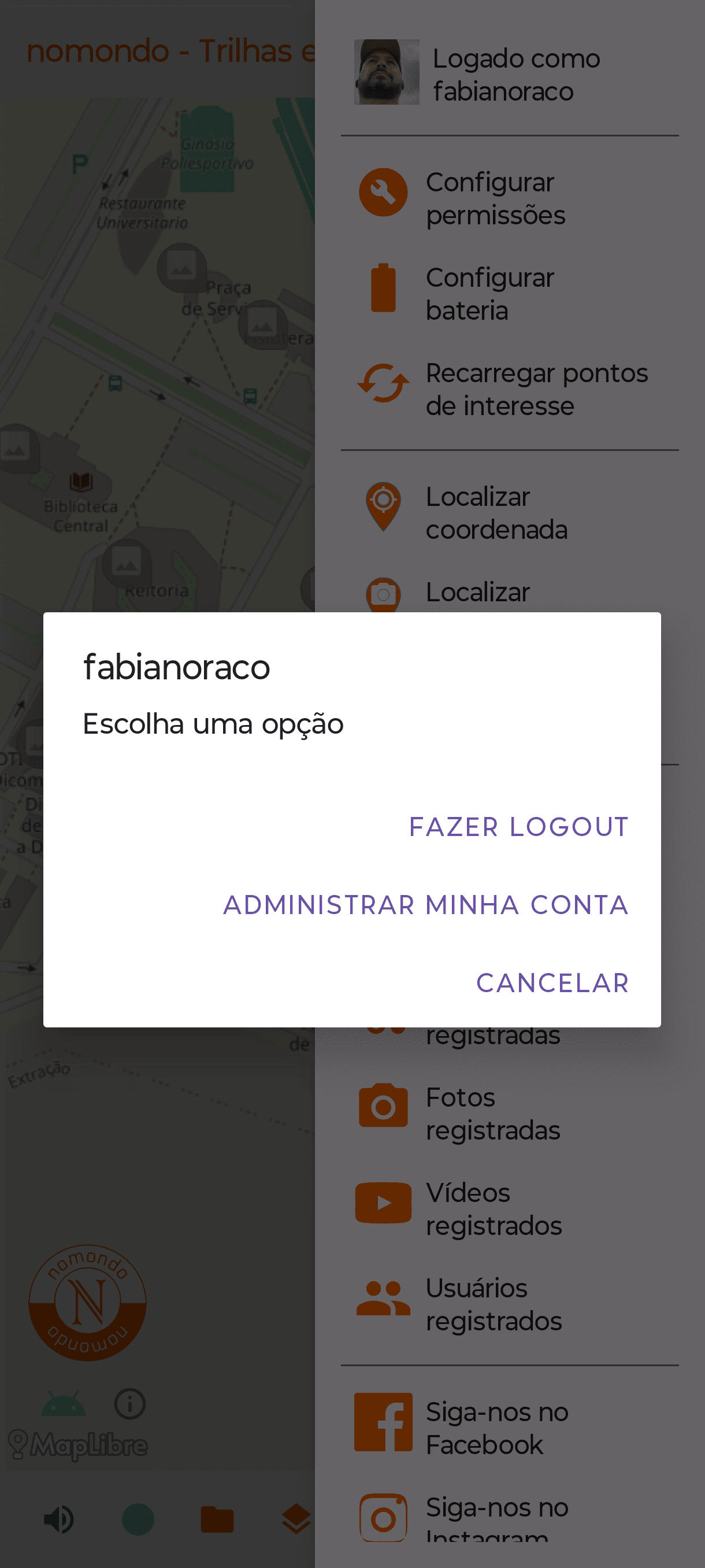 Diálogo administrar conta