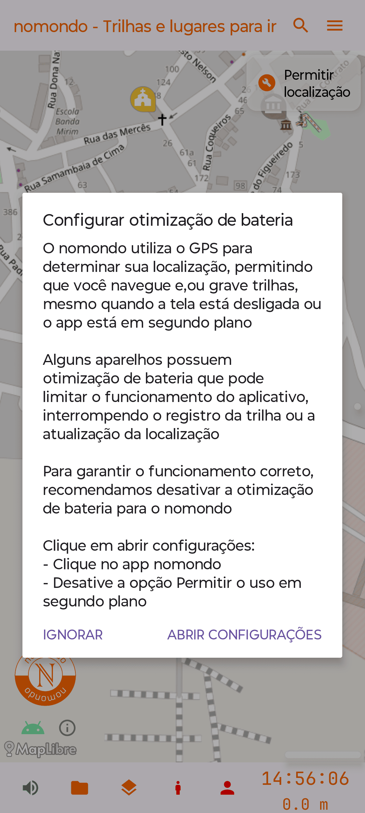 Diálogo explicativo sobre a otimização de bateria no aplicativo Android do nomondo