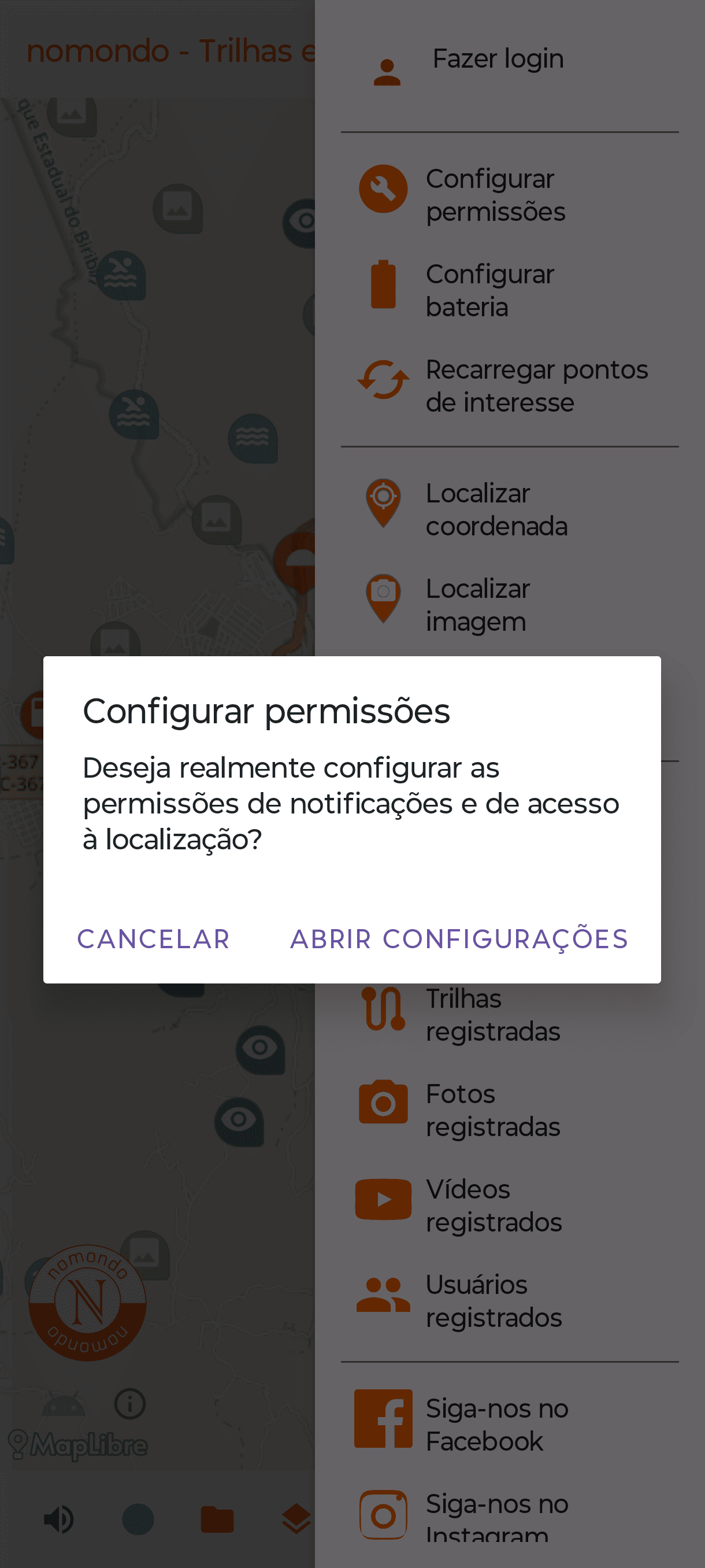 Diálogo explicativo sobre a configuração de permissões no aplicativo Android do nomondo