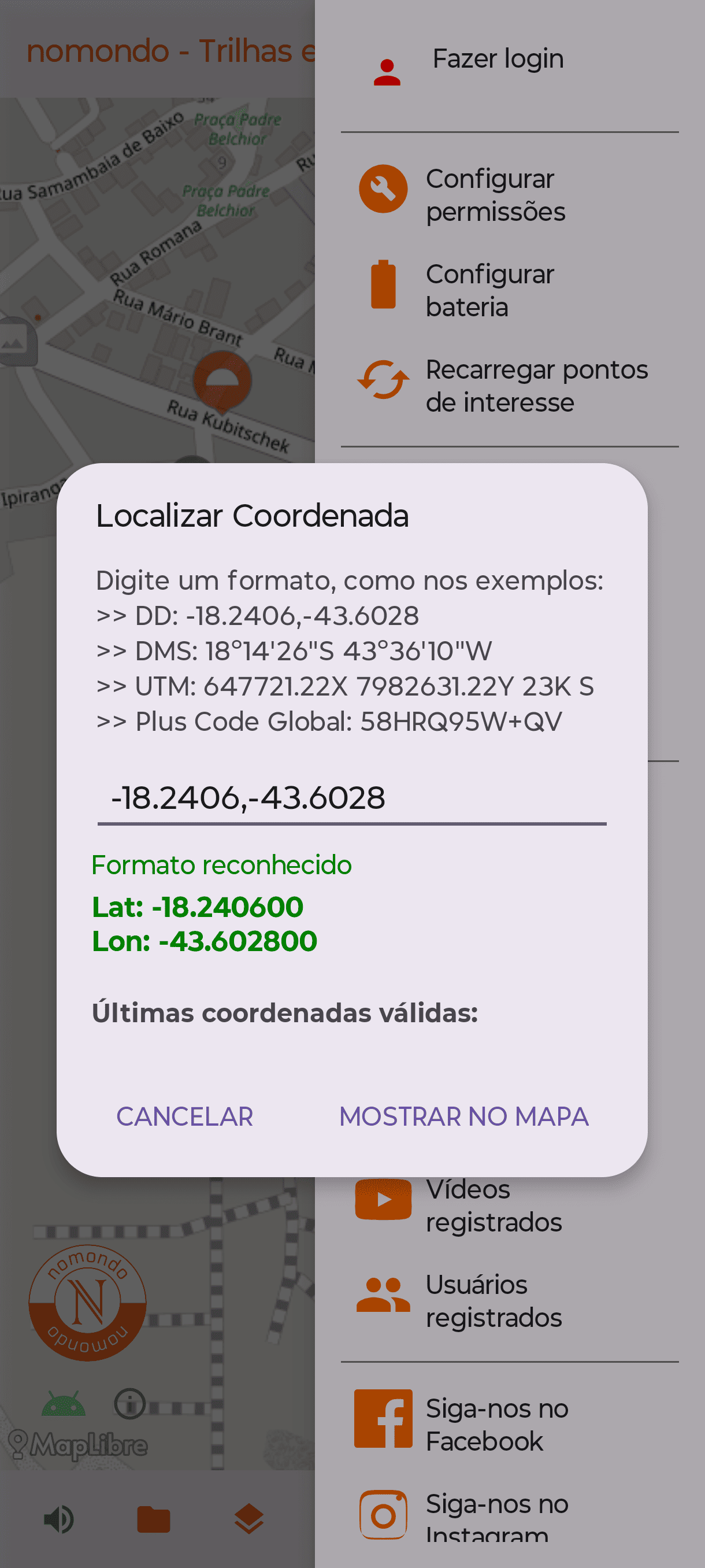 Caixa de diálogo para localização de coordenada do aplicativo Android