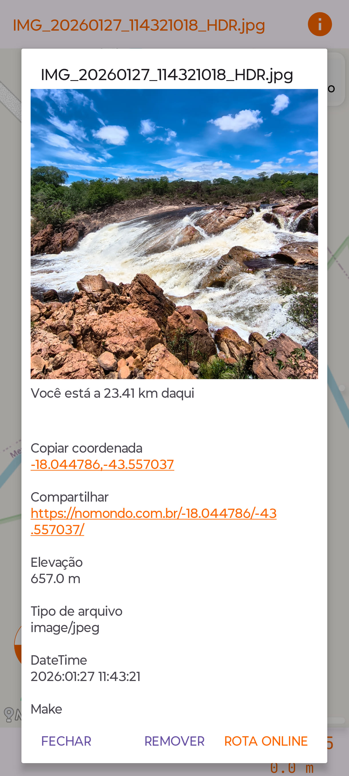 Caixa de diálogo com informações de imagem do aplicativo Android