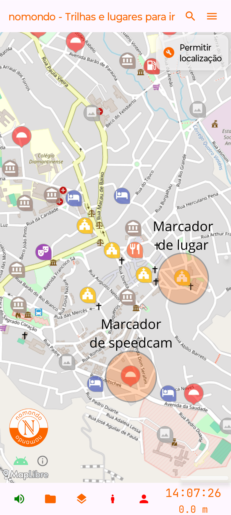 Marcadores de lugar e speedcam no aplicativo Android do nomondo