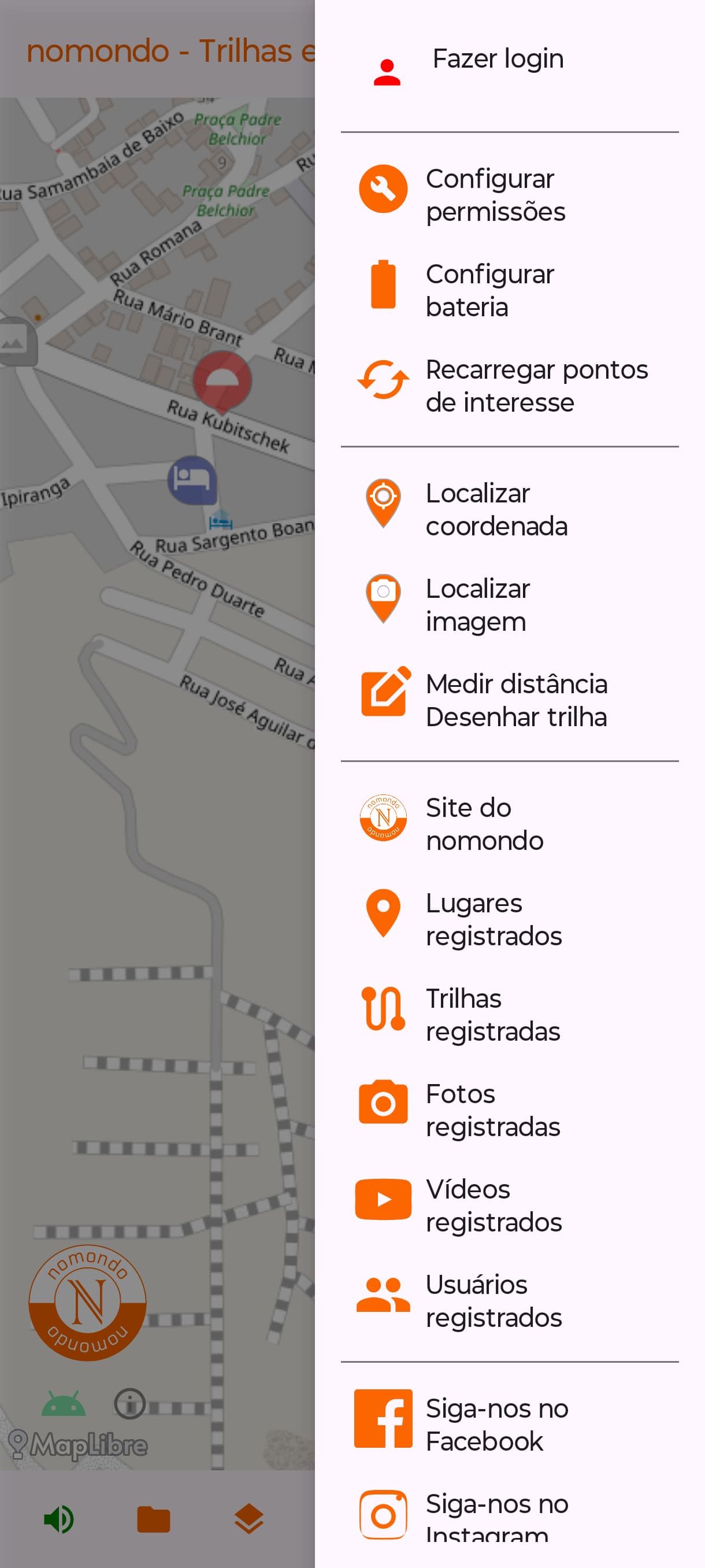 Menu vertical lateral flutuante do aplicavo Android