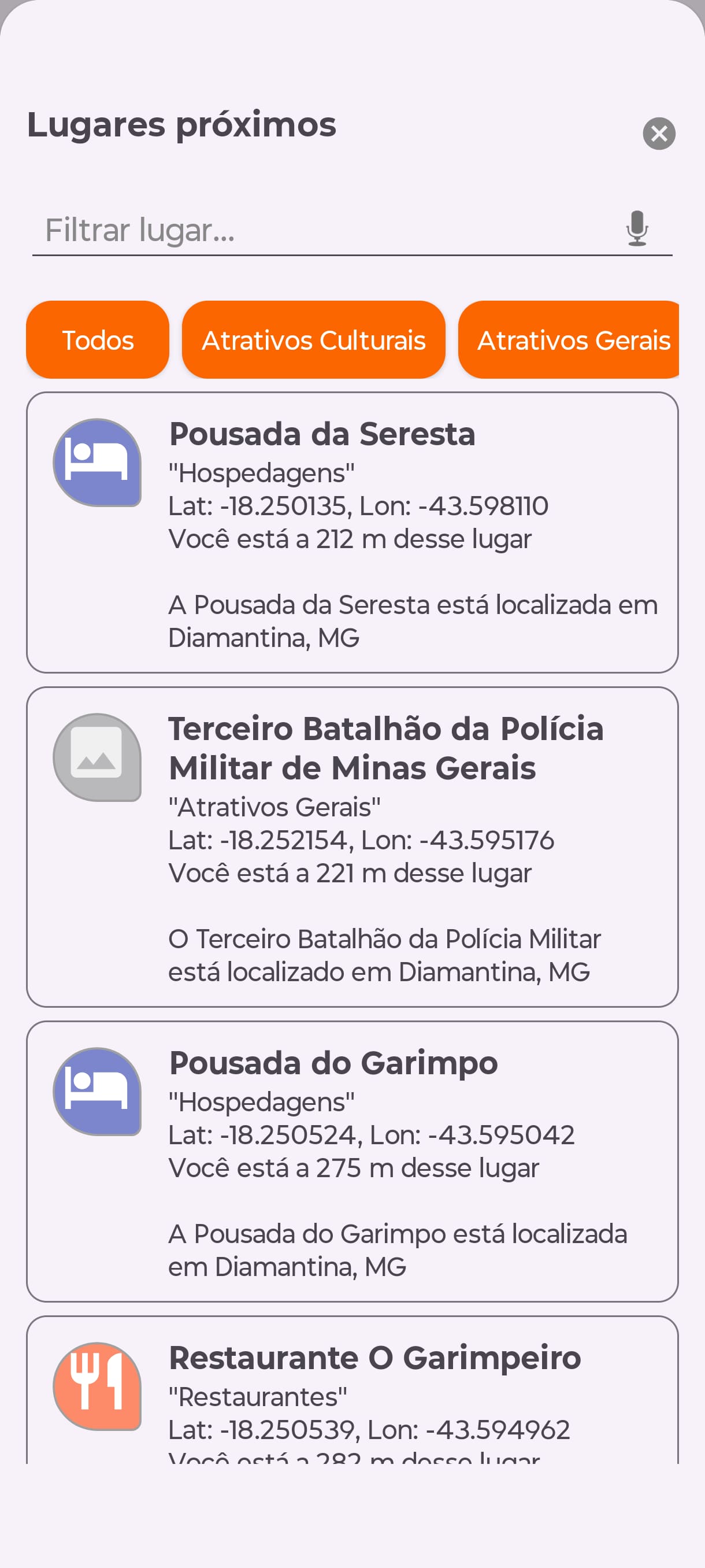 Lugares próximos no aplicativo Android do nomondo