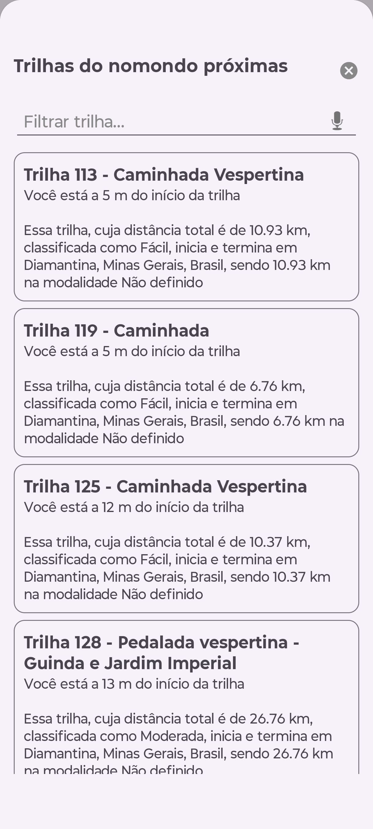 Trilhas próximas no aplicativo Android do nomondo